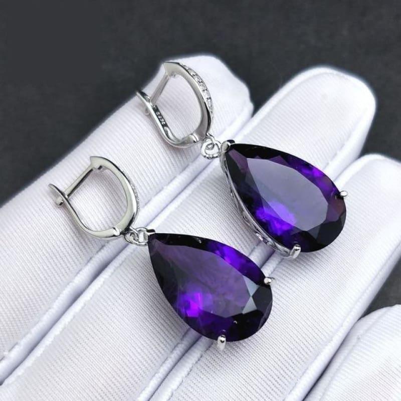 Pear Shaped 925 Silver Dangle Clasp Earring Pendant African Amethyst Luxury Jewelry Set - earrings - Jewelry set