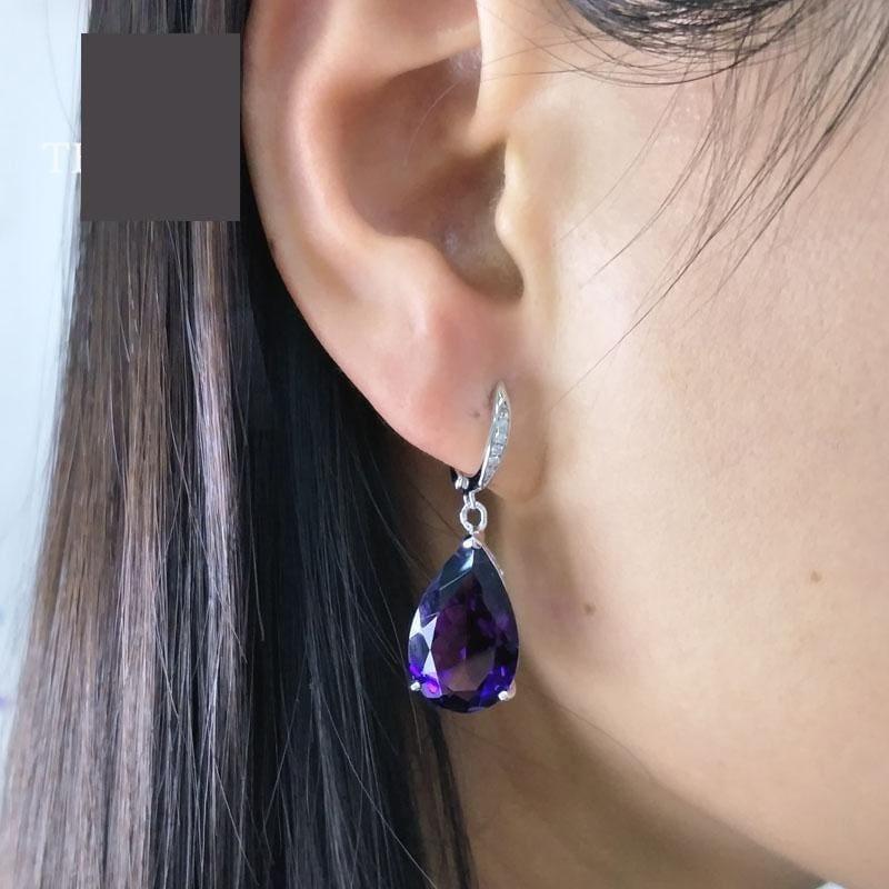 Pear Shaped 925 Silver Dangle Clasp Earring Pendant African Amethyst Luxury Jewelry Set - Jewelry set