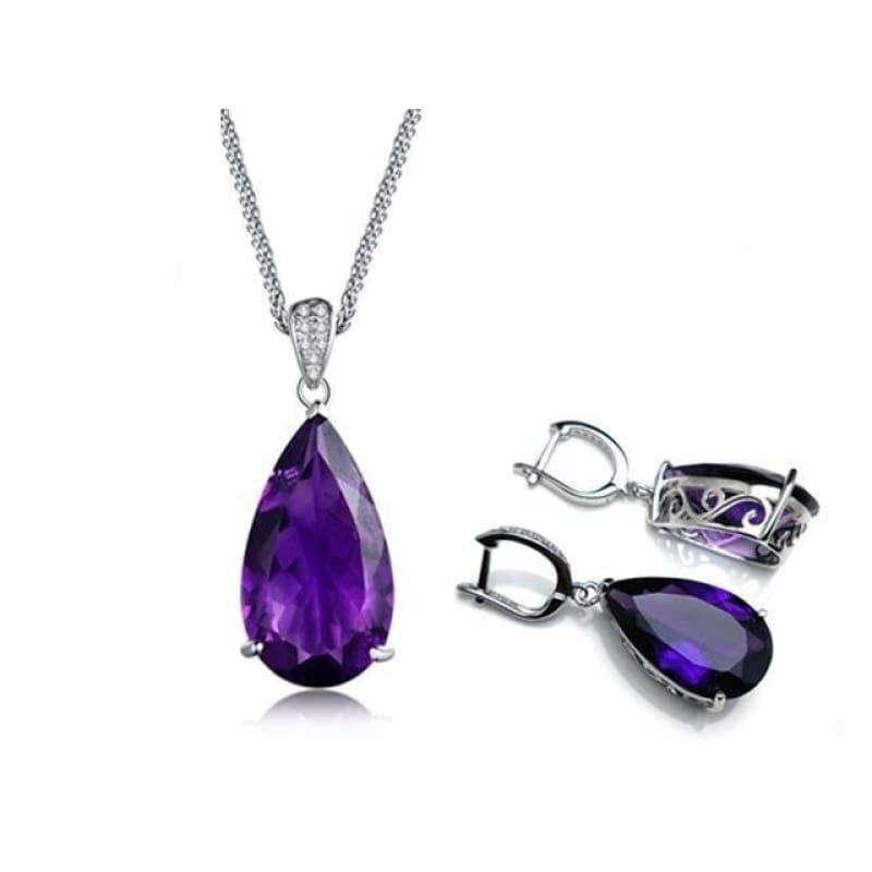 Pear Shaped 925 Silver Dangle Clasp Earring Pendant African Amethyst Luxury Jewelry Set - jewelry set - Jewelry set