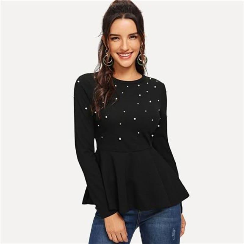 Pearls Beaded Solid Peplum Top Black Blouse - Black / L - Long Sleeve