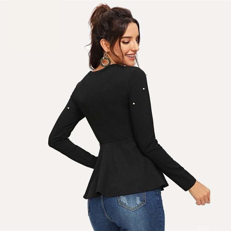 Pearls Beaded Solid Peplum Top Black Blouse - Long Sleeve