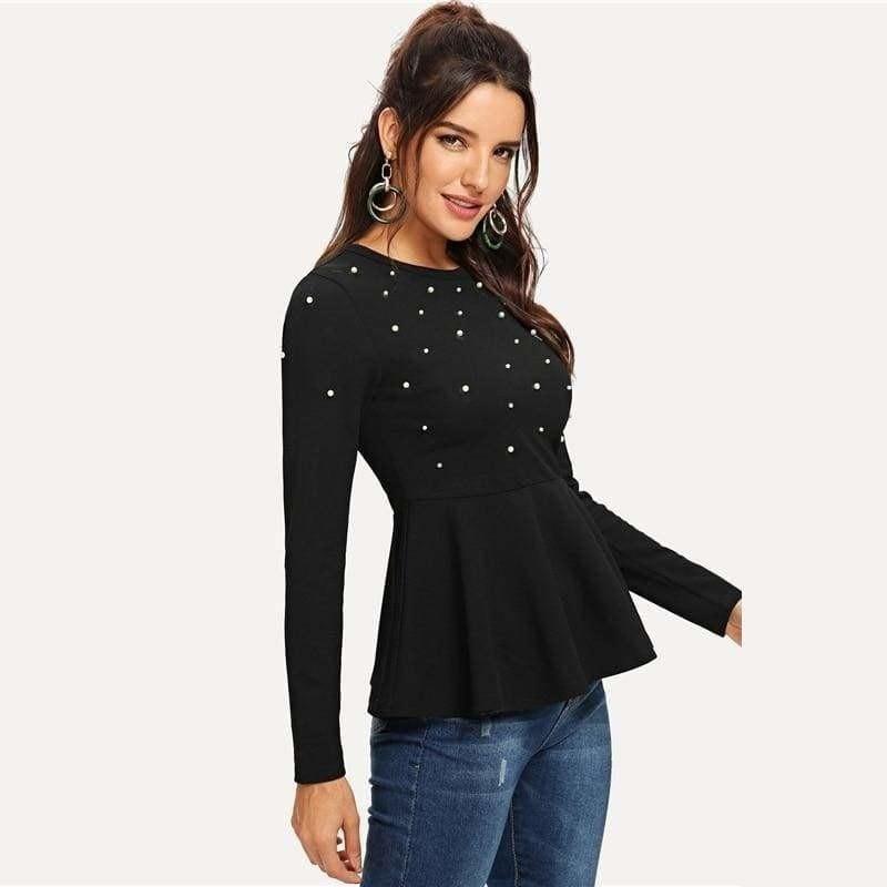 Pearls Beaded Solid Peplum Top Black Blouse - Long Sleeve