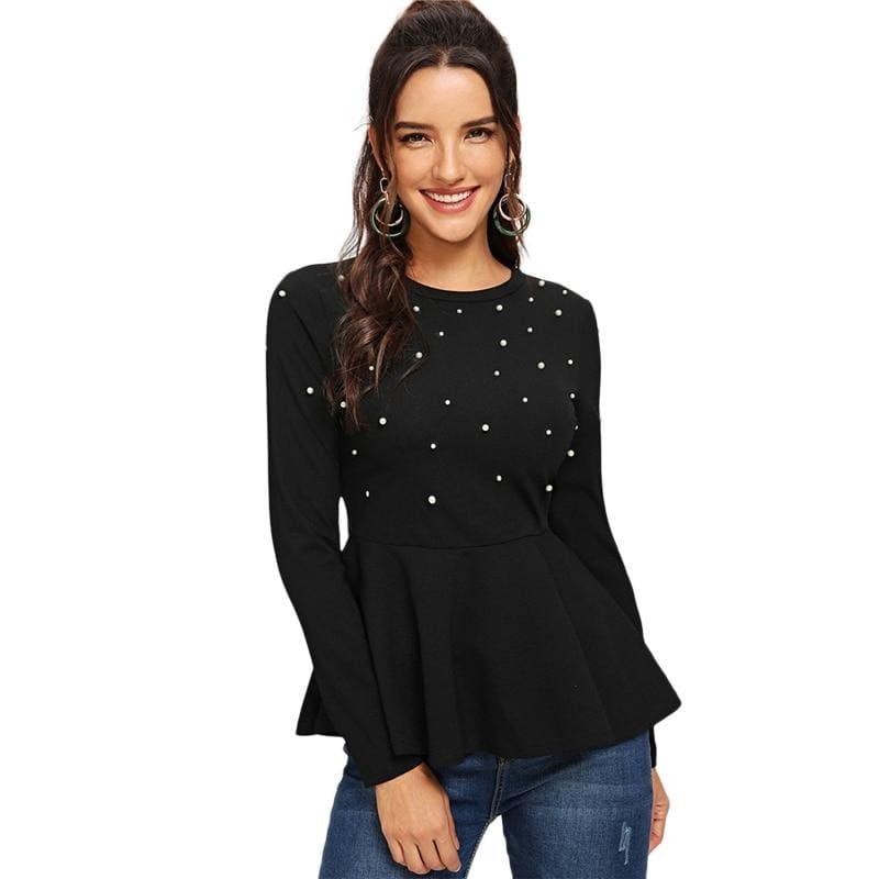 Pearls Beaded Solid Peplum Top Black Blouse - Long Sleeve