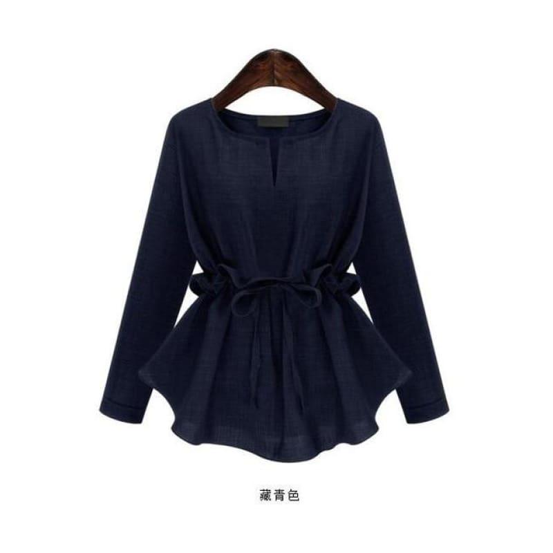 Peplum Lace Up Ruffle Waist Tunic Long Sleeves Plus Size Blouse - Blue / 4Xl - Long Sleeve