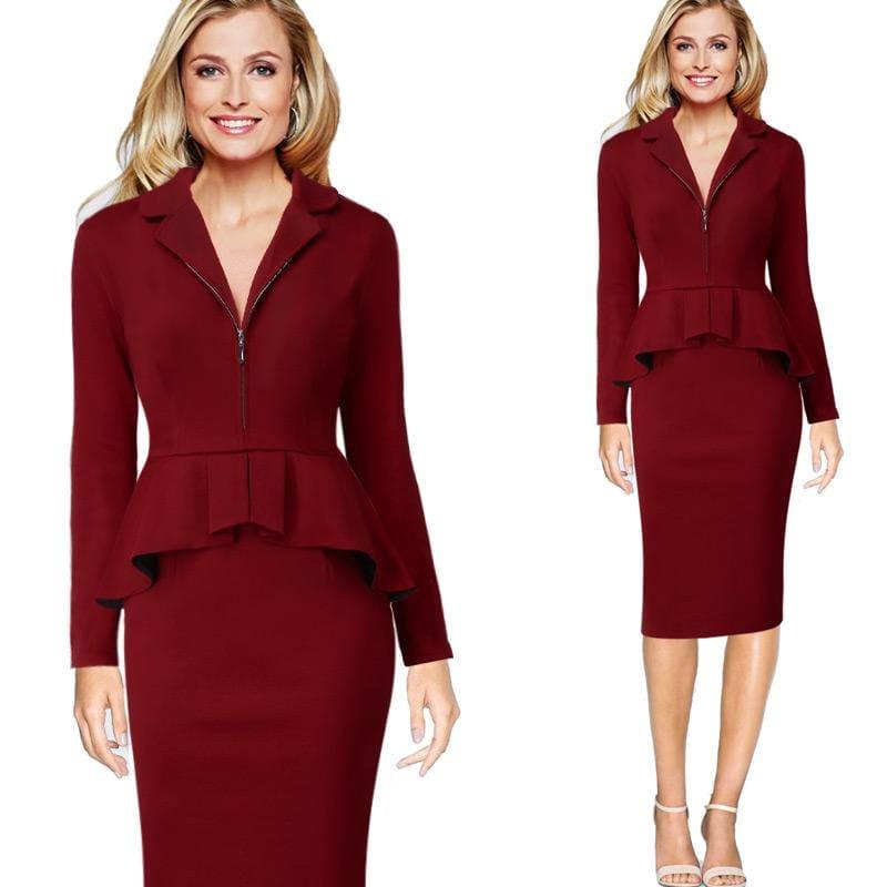 Peplum Vintage Wear To Work Business Zipper Front Lapel Midi Dress - Red Long Sleeve / 4XL - Midi Dress