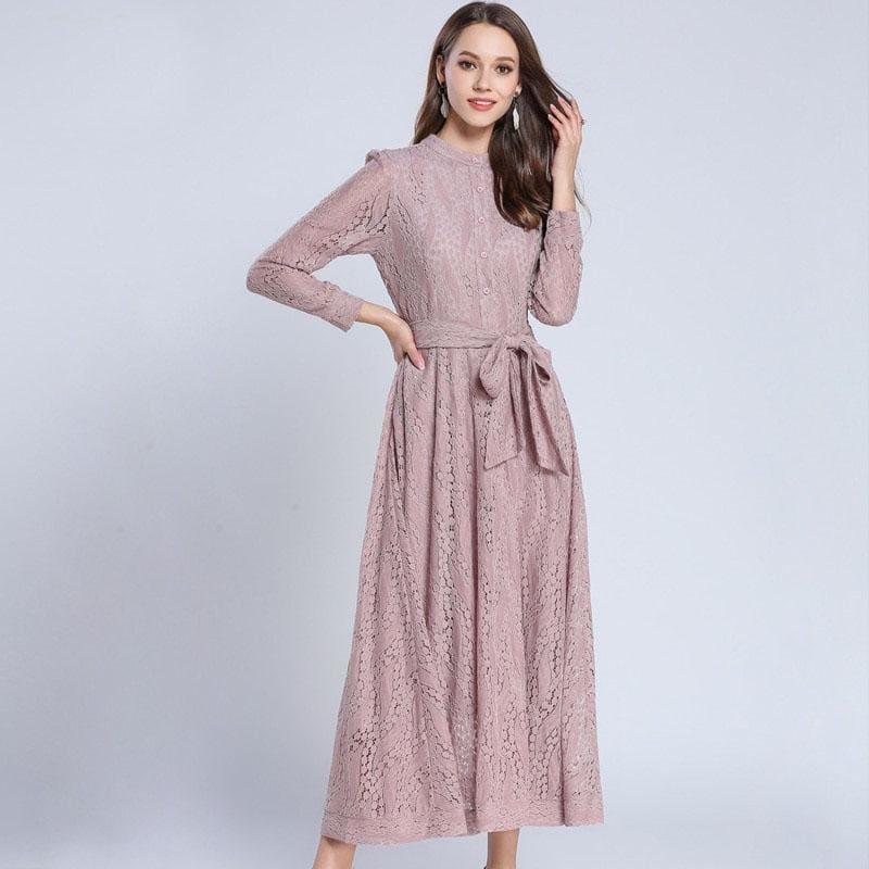 Pink A-Line Vintage Belted Lace Maxi Dress - Maxi Dress