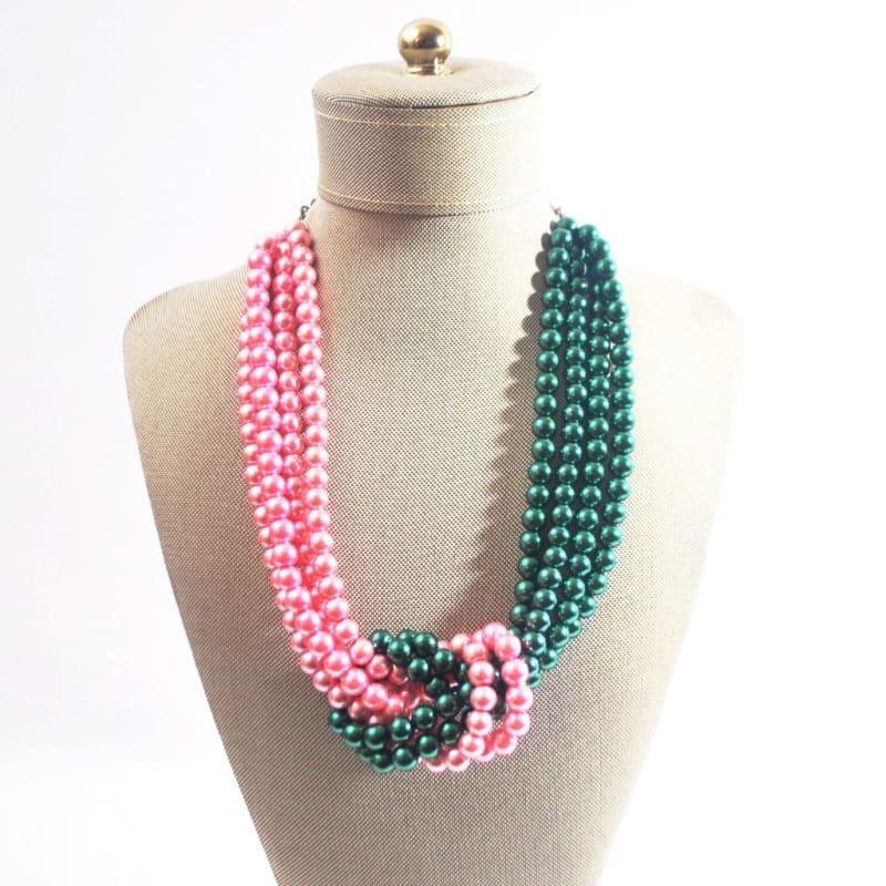 Pink and Green Twist Beaded Pearls Necklace - Handmade