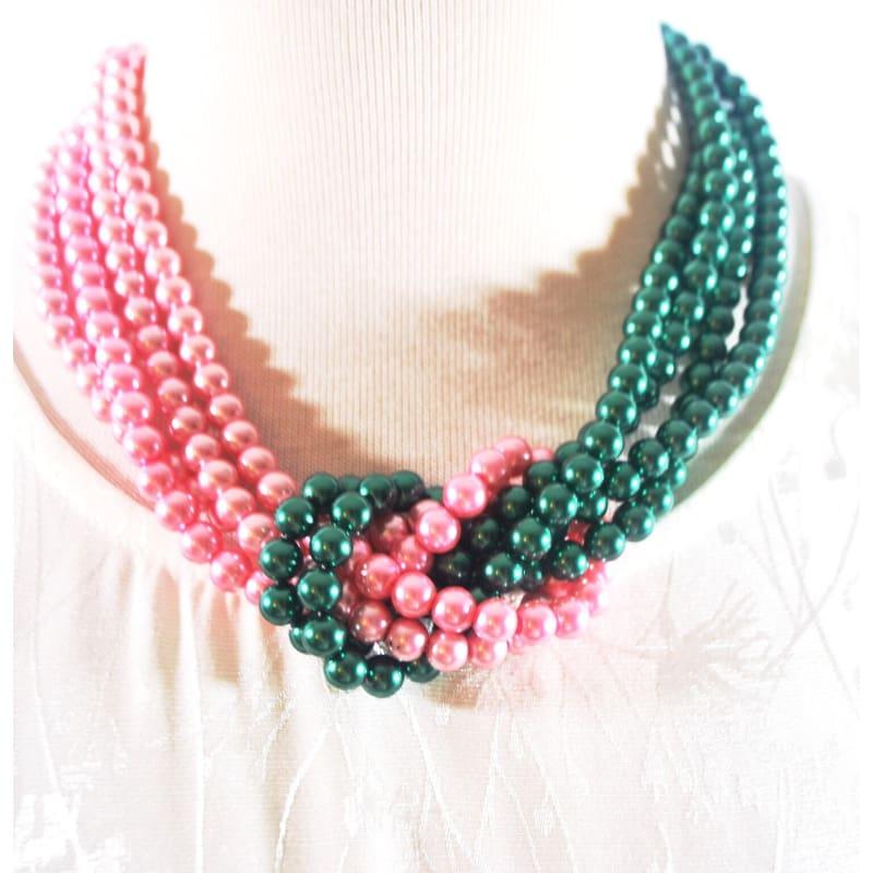 Pink and Green Twist Beaded Pearls Necklace - Handmade