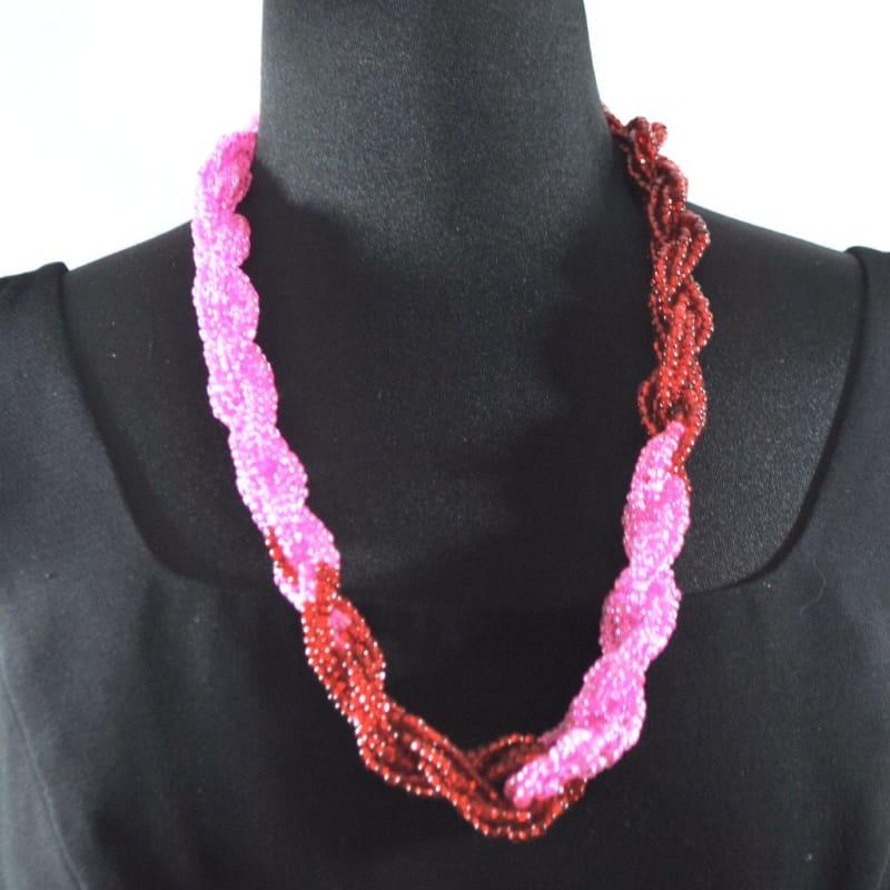 Pink And Red Color Block Unique Twisted Beaded Necklace - Handmade