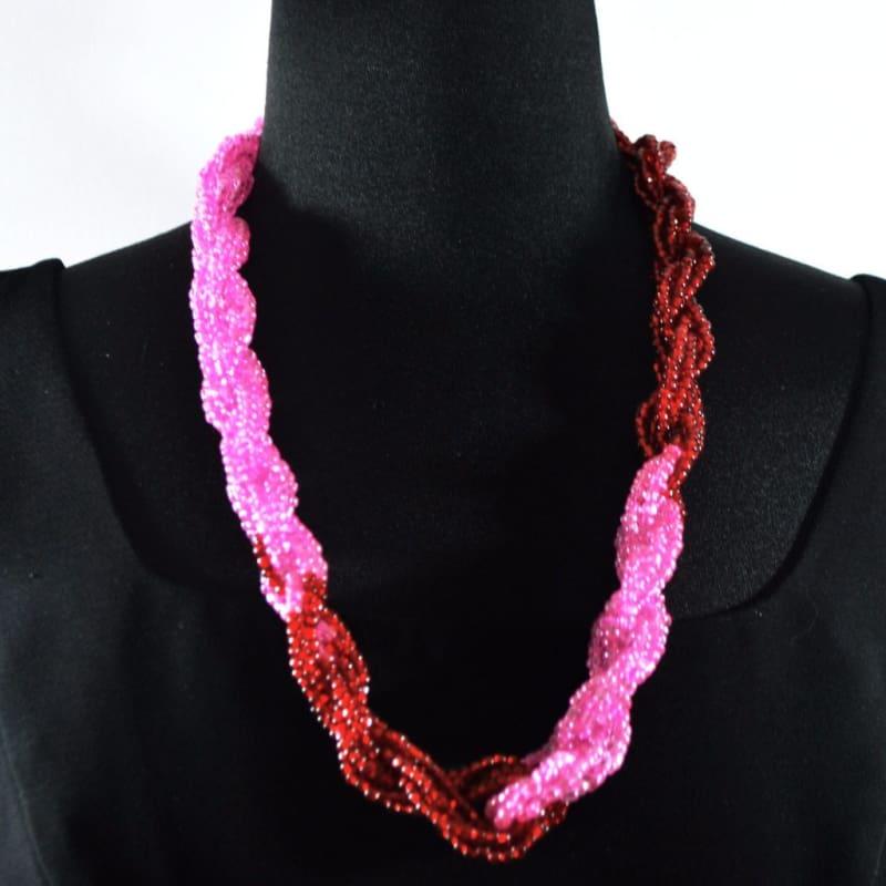 Pink And Red Color Block Unique Twisted Beaded Necklace - Handmade