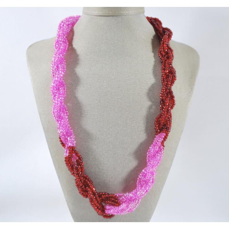 Pink And Red Color Block Unique Twisted Beaded Necklace - Handmade