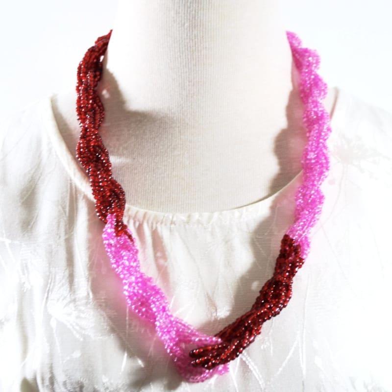 Pink And Red Color Block Unique Twisted Beaded Necklace - Handmade
