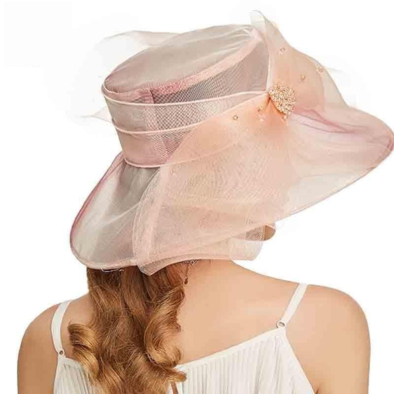 Pink Elegant Organza Wide Brim Church Large Kentucky Derby Big Bow Hat - hats