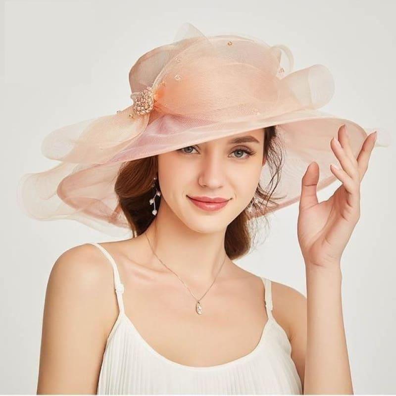 Pink Elegant Organza Wide Brim Church Large Kentucky Derby Big Bow Hat - hats