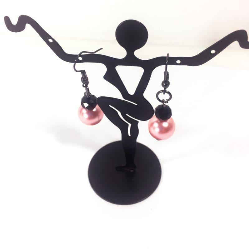 Pink Glass Pearls With Gunmetal French Hoops Womens Dangle Earrings - Red Earrings