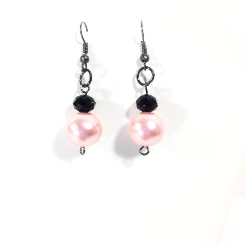 Pink Glass Pearls With Gunmetal French Hoops Womens Dangle Earrings - Red Earrings