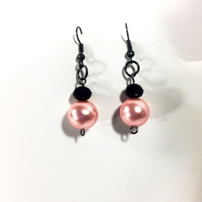 Pink Glass Pearls With Gunmetal French Hoops Womens Dangle Earrings - Red Earrings