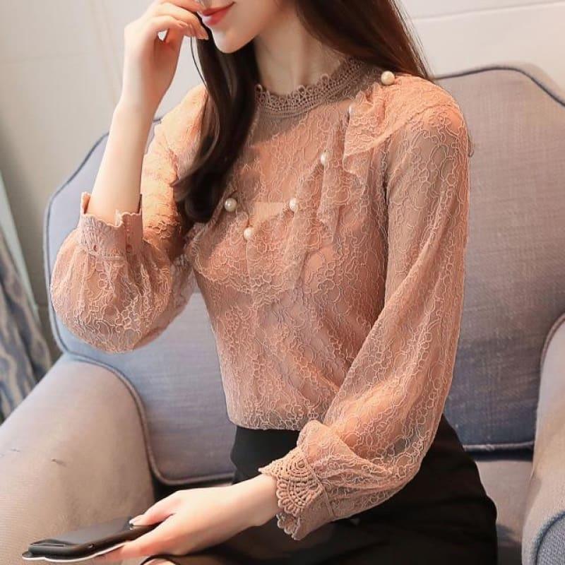 Pink Lace Long Sleeved Top - Pink / L - Long Sleeve