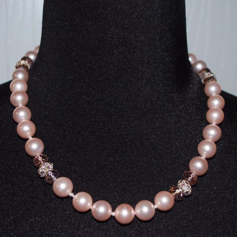 Pink Shell Pearls With Rhinestones Necklace - Handmade