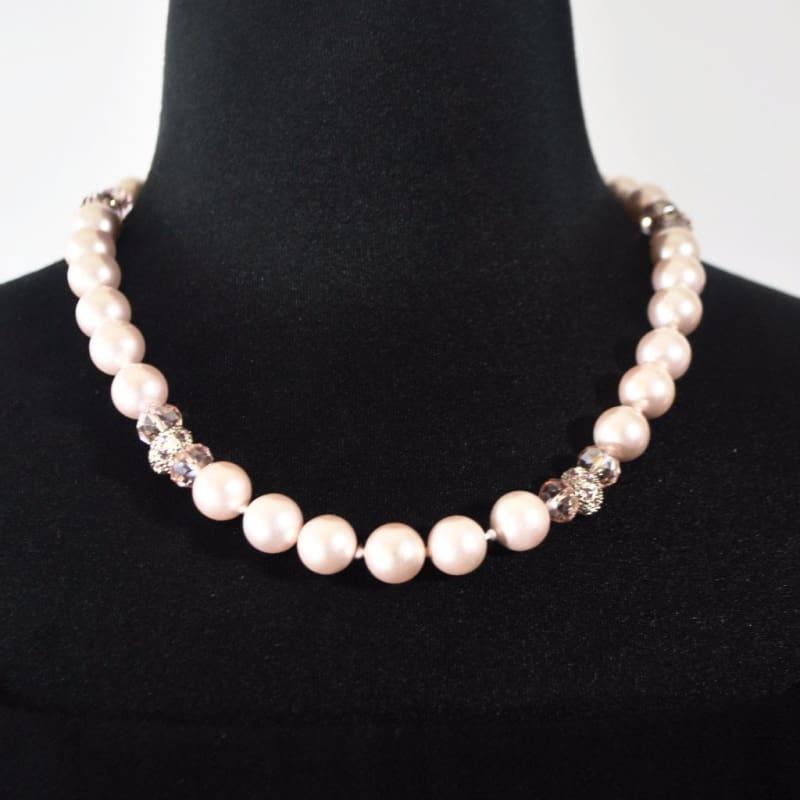 Pink Shell Pearls With Rhinestones Necklace - Handmade