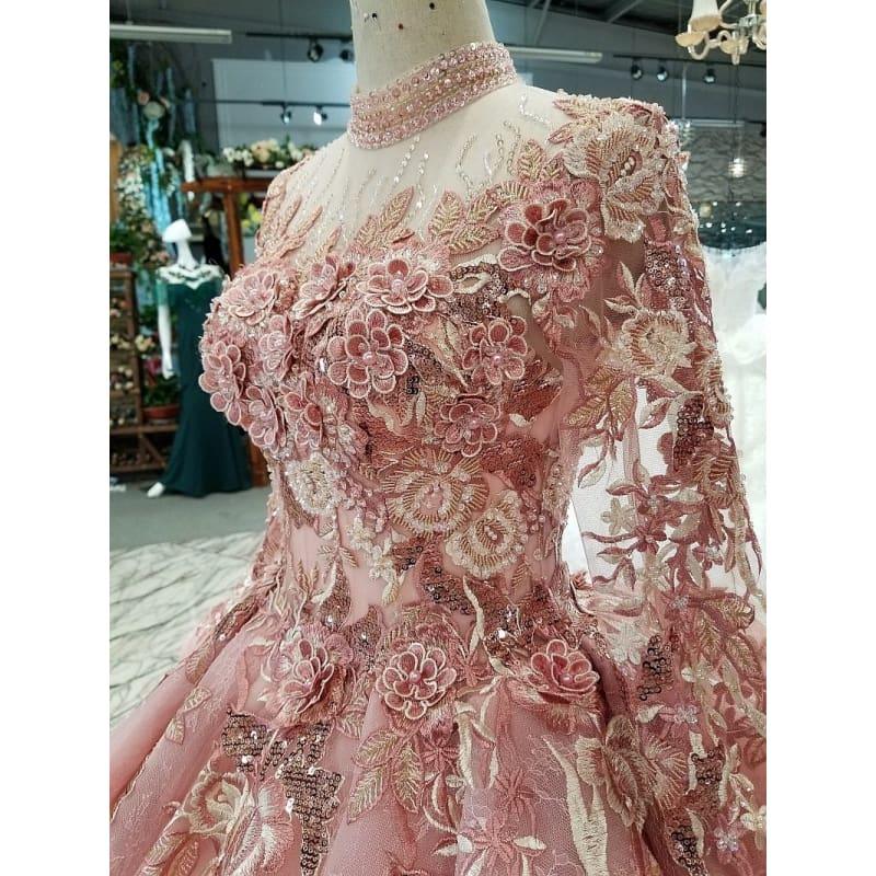 Pink Special Puffy High Neck Long Tulle Sleeve Lace-up Back Evening Formal Dress - Gown