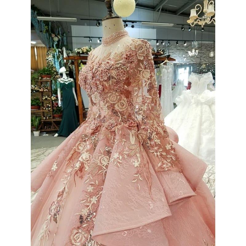 Pink Special Puffy High Neck Long Tulle Sleeve Lace-up Back Evening Formal Dress - Gown