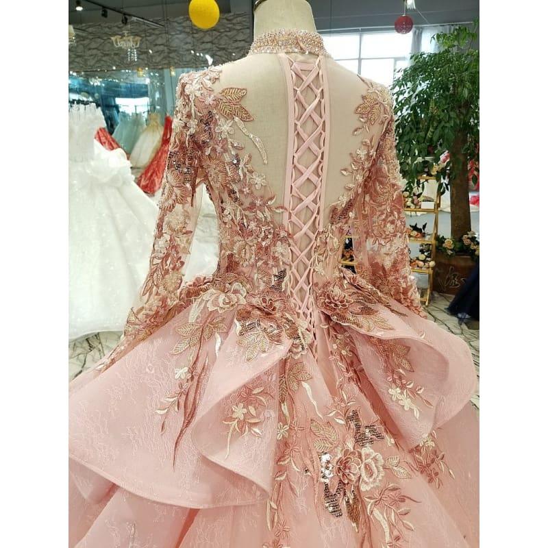 Pink Special Puffy High Neck Long Tulle Sleeve Lace-up Back Evening Formal Dress - Gown