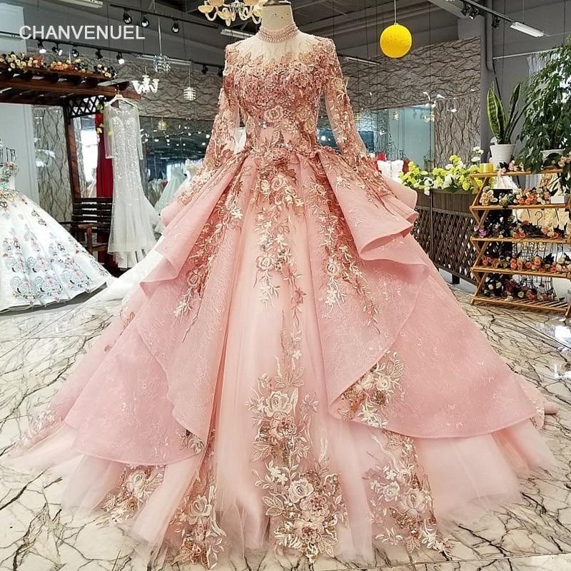 Pink Special Puffy High Neck Long Tulle Sleeve Lace-up Back Evening Formal Dress - Gown