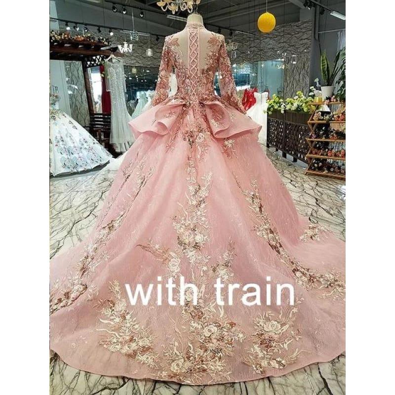 Pink Special Puffy High Neck Long Tulle Sleeve Lace-up Back Evening Formal Dress Gown - with train / 2 - Gown
