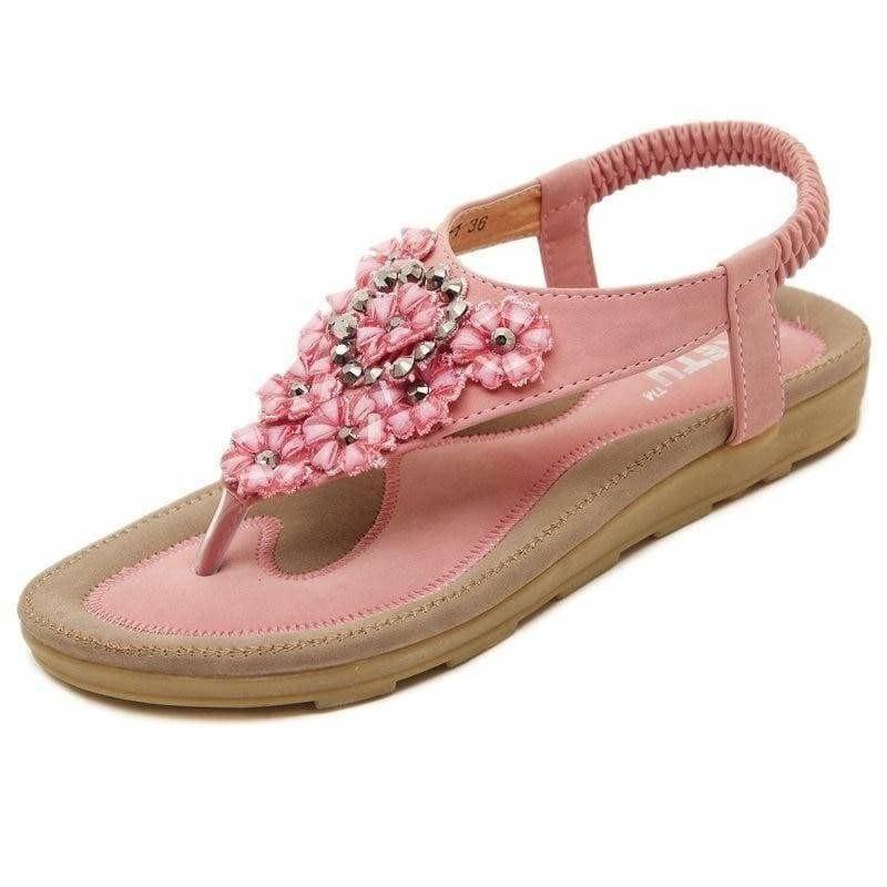 Pink T-strap Flip Flop Thong Floral Rhinestone Gladiator Sandals - sandals