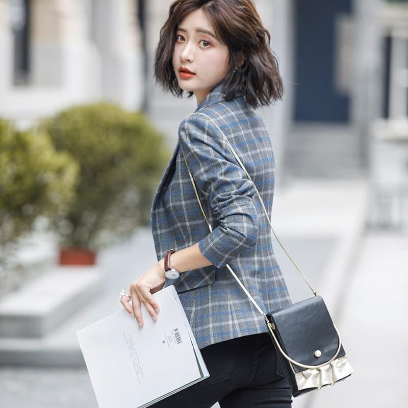 Plaid Jacket with Pocket Casual Style Blazer - jackets