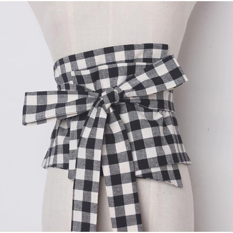 Plaid Lace Up Bowknot Corset Wide Belts Tunic Cummerbunds Belt - Belt