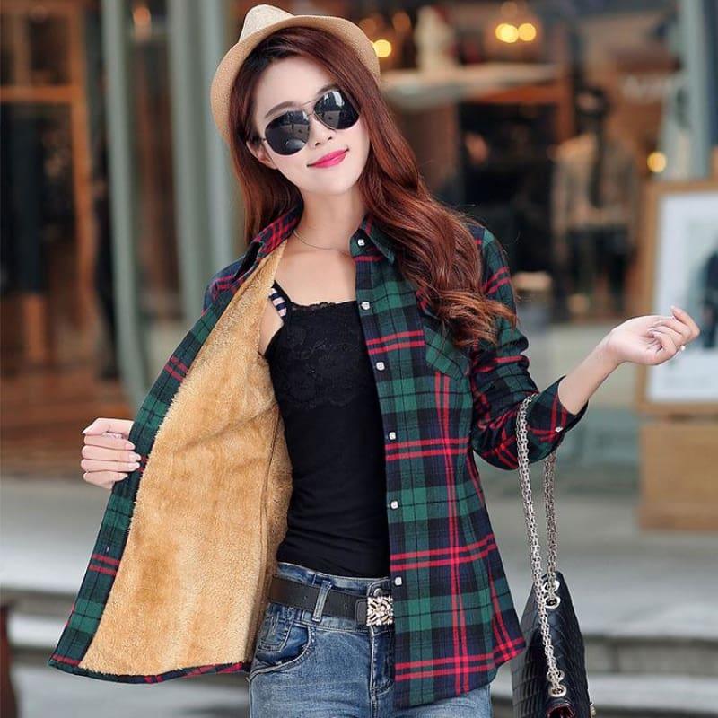 Plaid Shirt Velvet Thick Jacket Style Coat - 10 / L - Coats