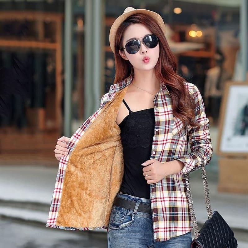 Plaid Shirt Velvet Thick Jacket Style Coat - 15 / L - Coats