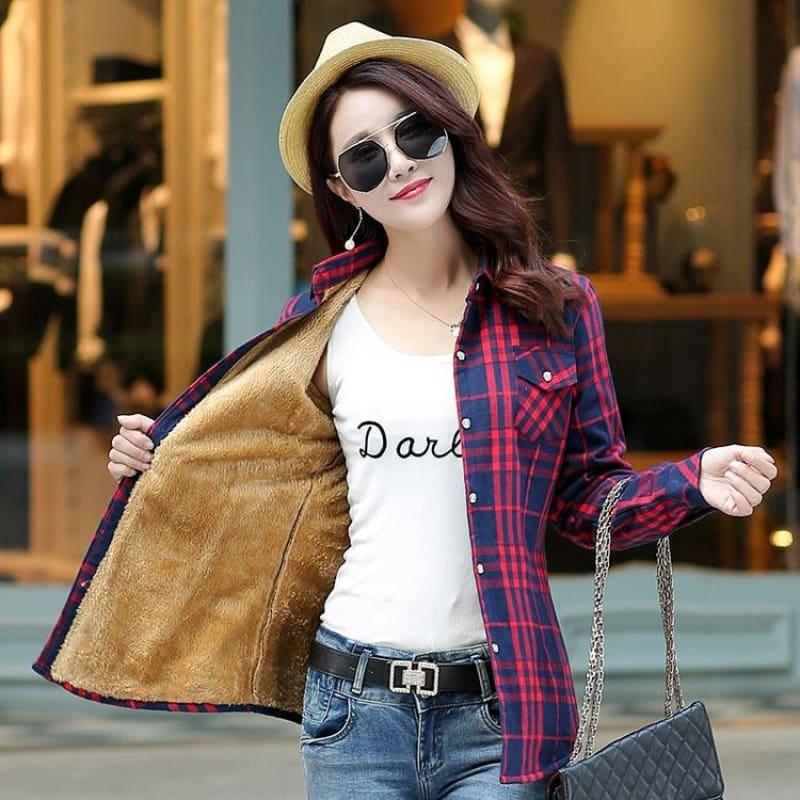 Plaid Shirt Velvet Thick Jacket Style Coat - 32 / L - Coats