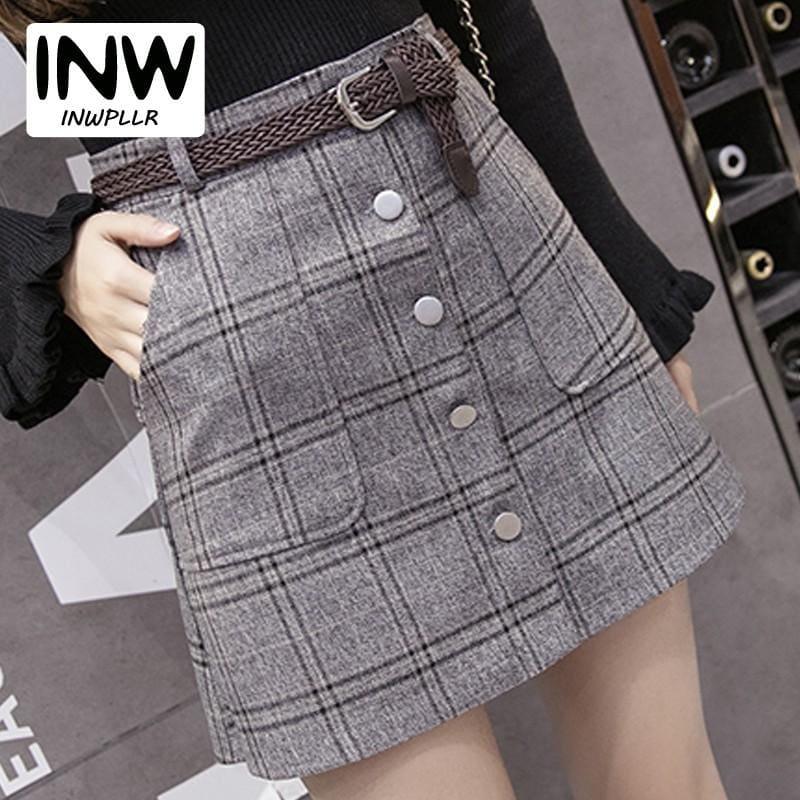 Plaid Skirt Femme Single Breasted Mini Skirt - Gray / L - Skirts