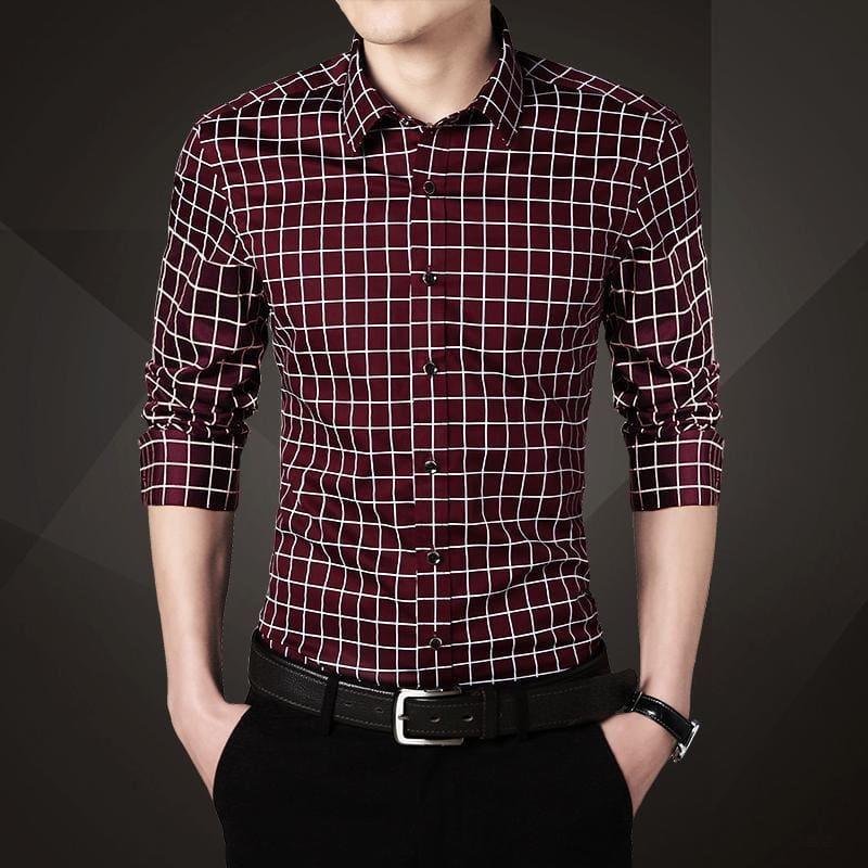 Plaid Squared Casual Mens Long Sleeve Shirt - Red / 4XL - Mens T-shirt