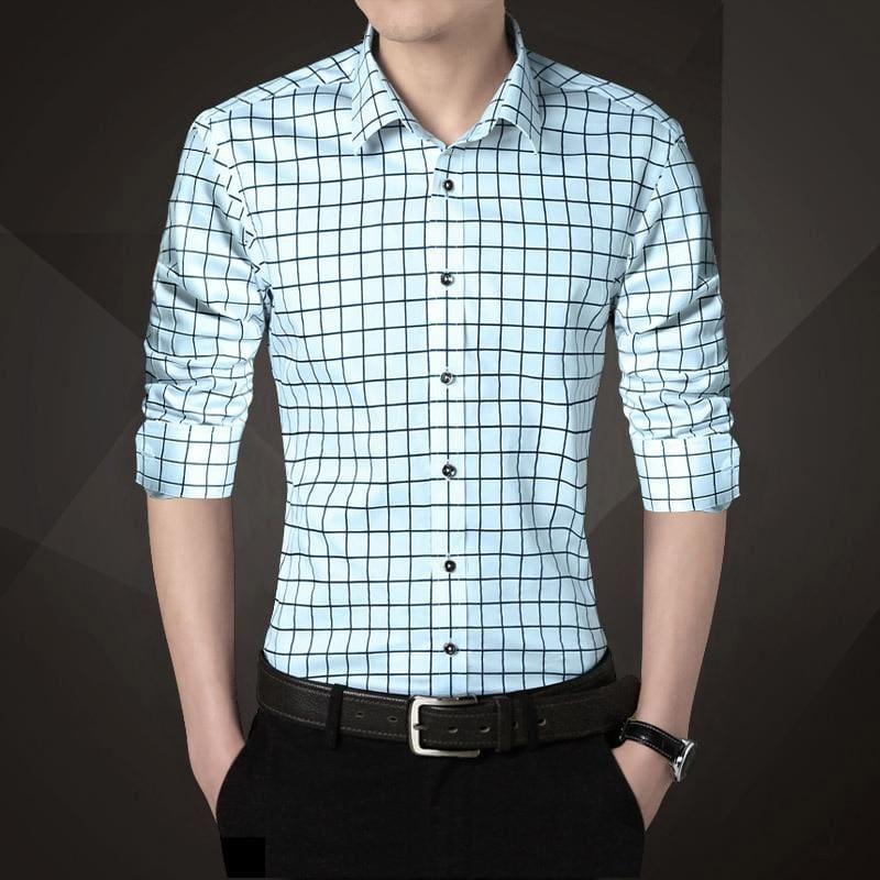 Plaid Squared Casual Mens Long Sleeve Shirt - Sky Blue / 4XL - Mens T-shirt