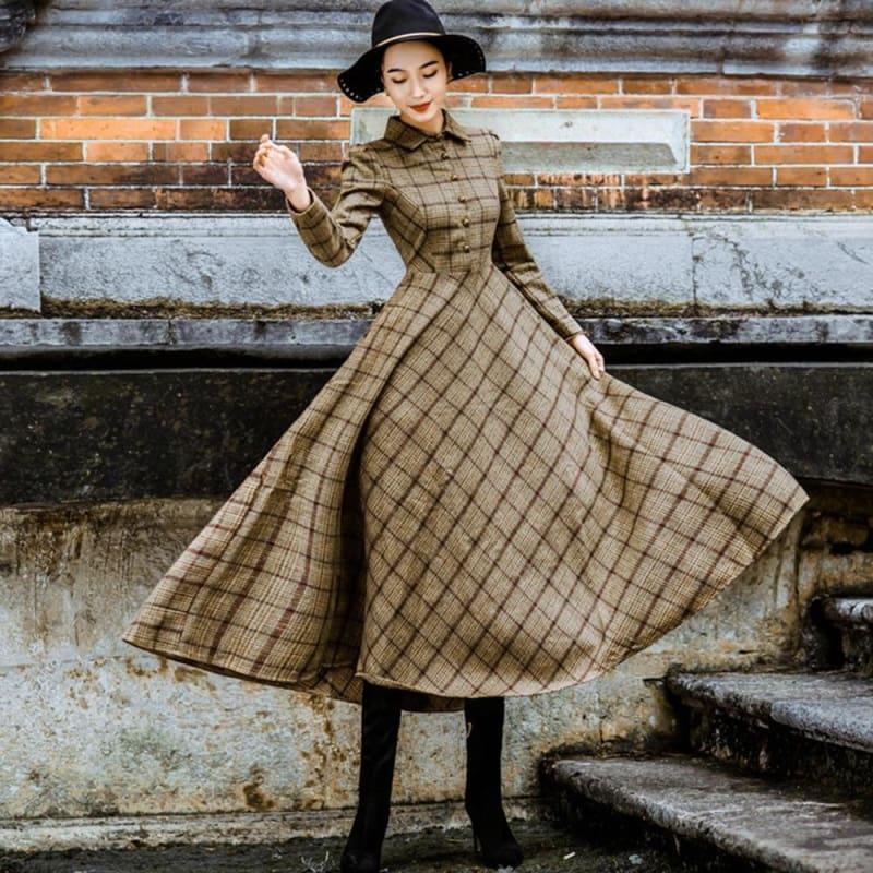 Plaid Wool Elegant Stylish Retro Maxi Dress - Maxi Dress