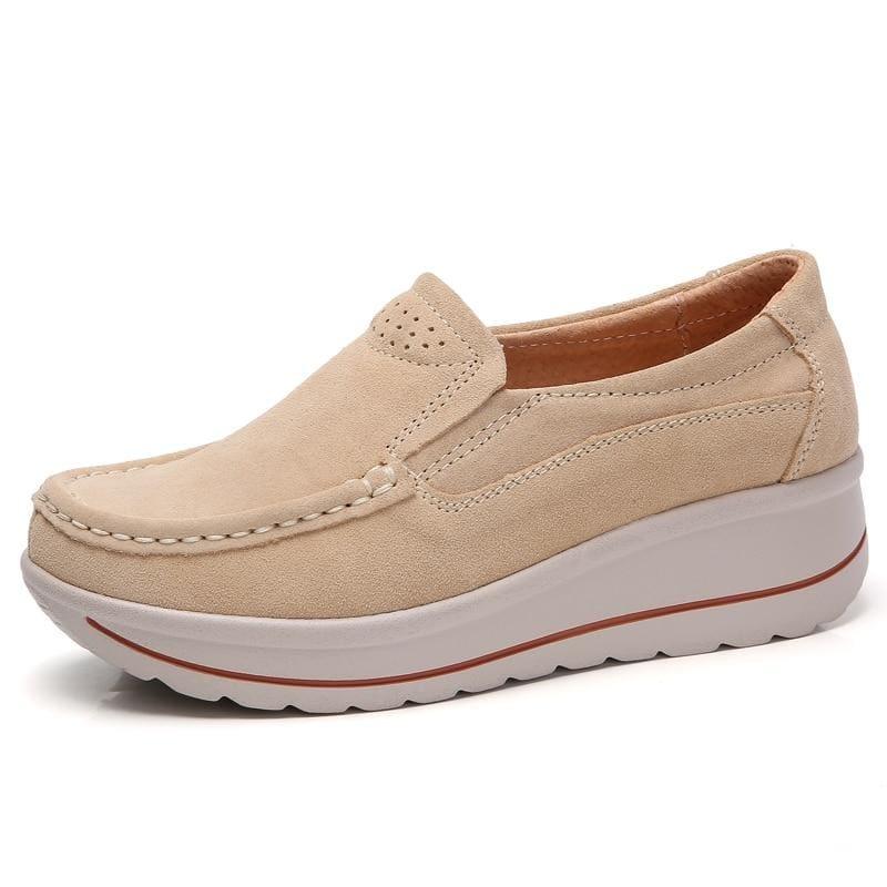 Platform Sneakers Leather Suede Slip On Flats - 3507 Apricot / 10.5 - Flats
