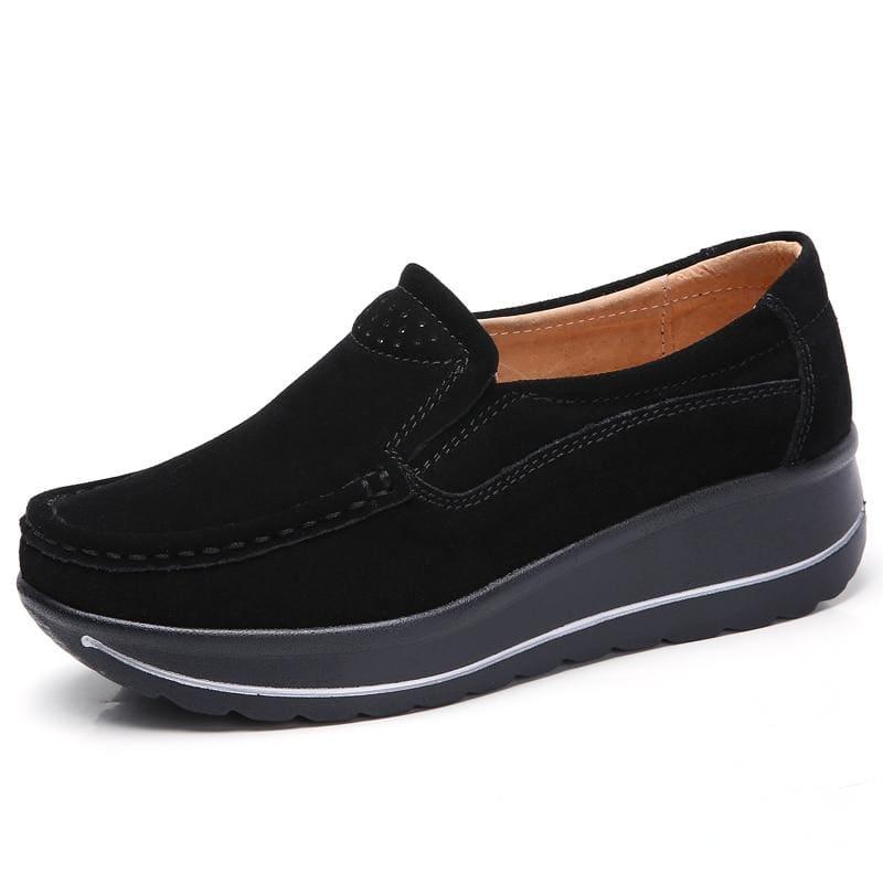 Platform Sneakers Leather Suede Slip On Flats - 3507 Black / 10.5 - Flats
