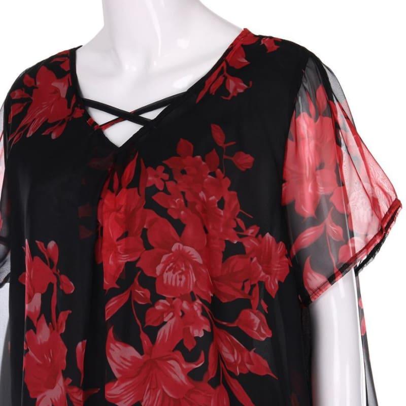 Plus Size Front Criss Cross Floral Double Chiffon Blouse - Short Sleeve