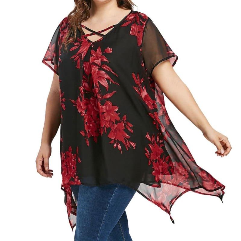 Plus Size Front Criss Cross Floral Double Chiffon Blouse - Short Sleeve