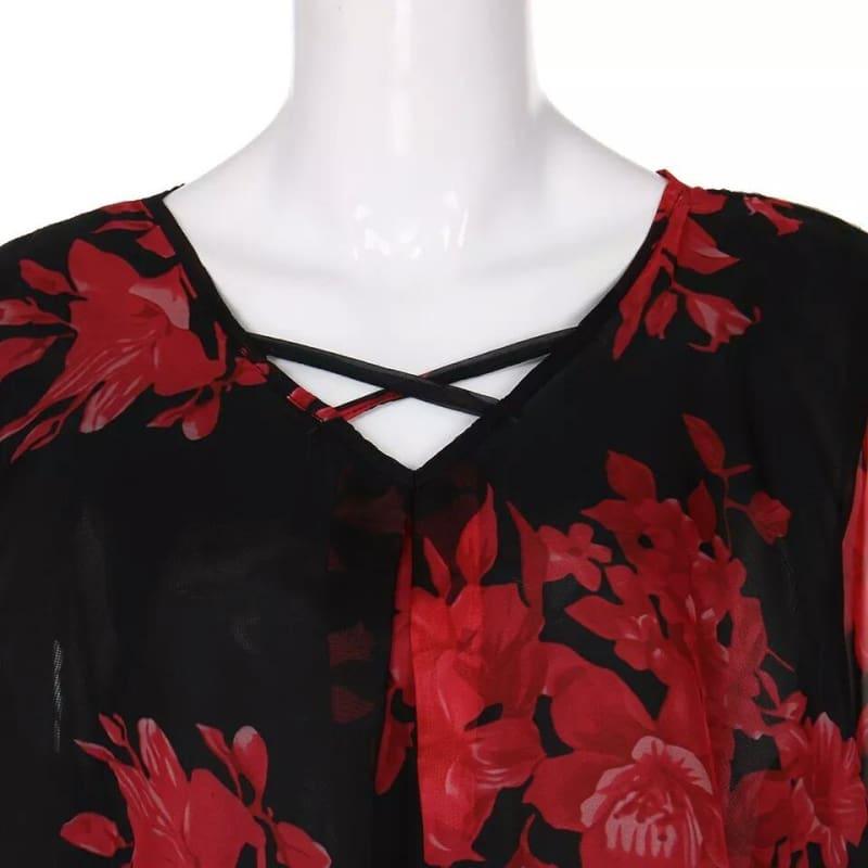 Plus Size Front Criss Cross Floral Double Chiffon Blouse - Short Sleeve