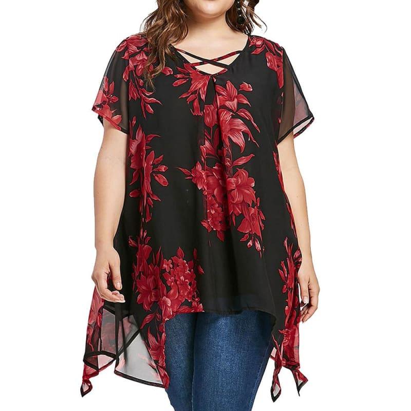 Plus Size Front Criss Cross Floral Double Chiffon Blouse - Short Sleeve