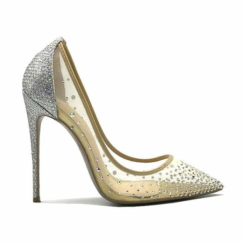 Pointed Toe Heels Crystal Silver High Heels Pumps - pumps