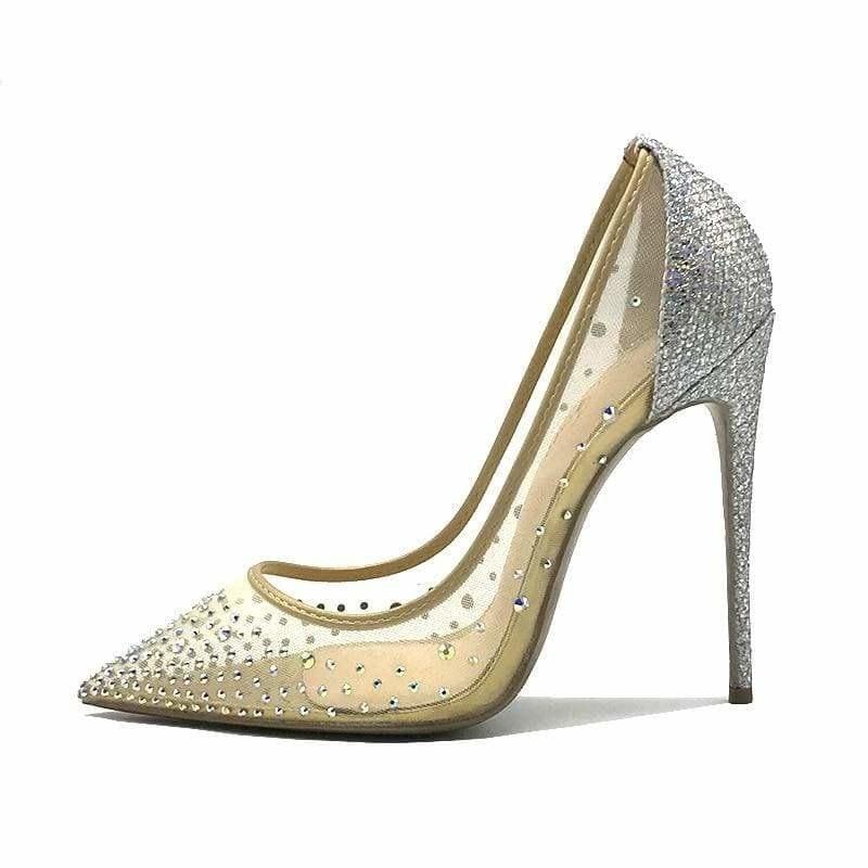 Pointed Toe Heels Crystal Silver High Heels Pumps - pumps