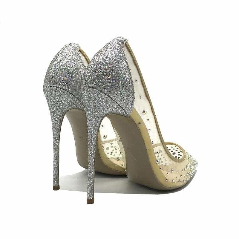 Pointed Toe Heels Crystal Silver High Heels Pumps - pumps