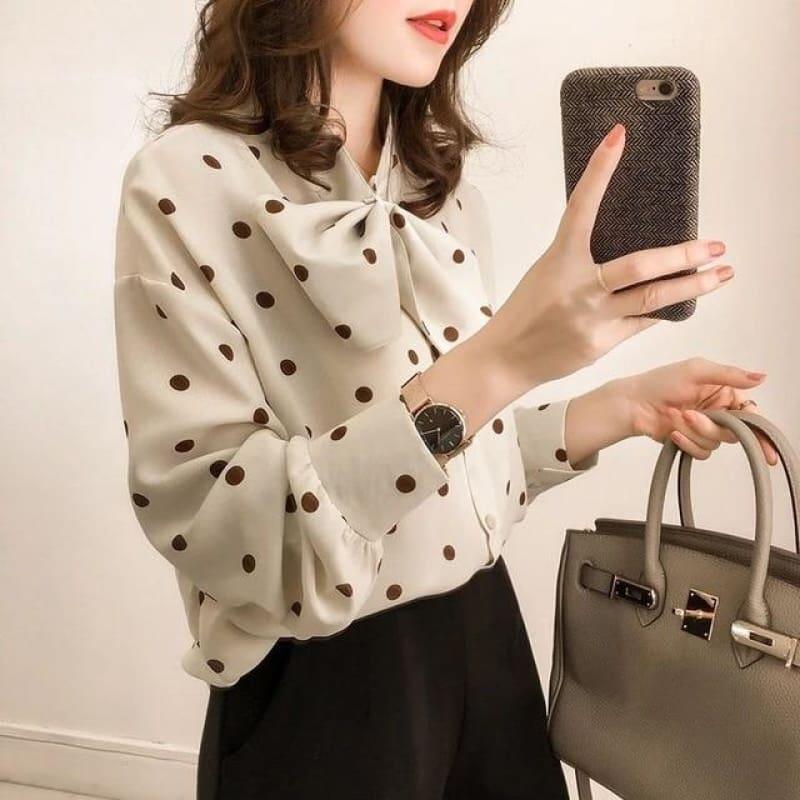 Polka Dot Long Sleeve Shirt Women Chiffon Blouse - Apricot / L - Long Sleeve