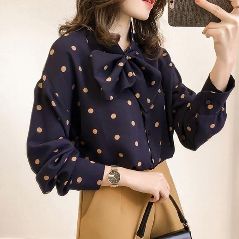 Polka Dot Long Sleeve Shirt Women Chiffon Blouse - Blue / 4Xl - Long Sleeve